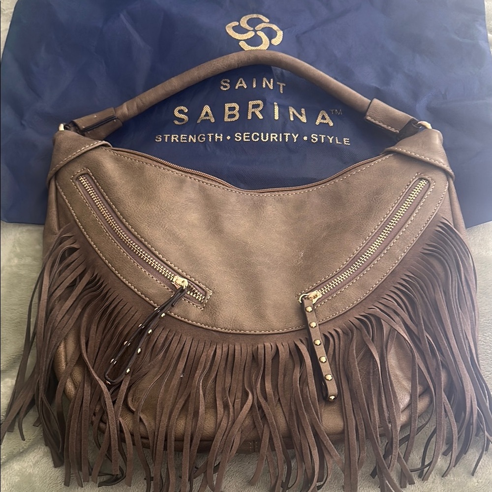 Saint Sabrina brown/olive green Hobo Bag with Fringe and Zipper